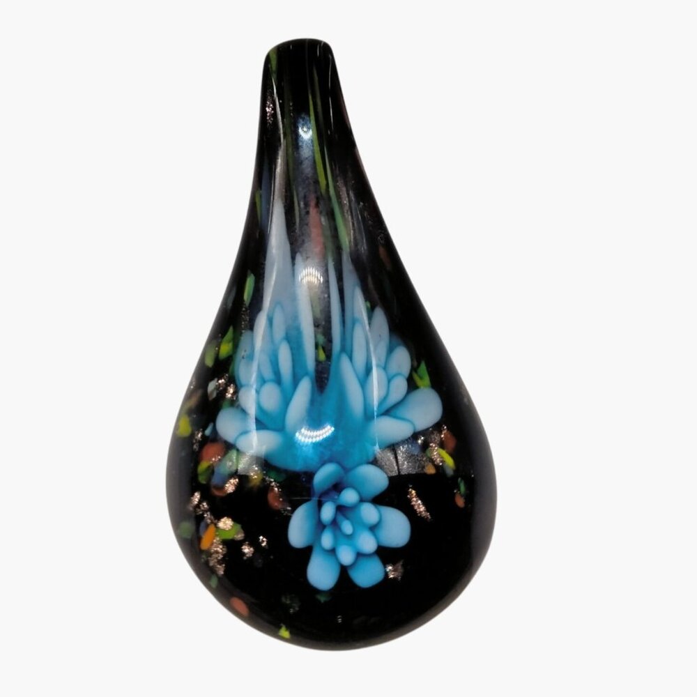 Handcrafted Murano Style Glass Teardrop Pendant Black Blue Floral Design